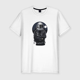 Мужская футболка премиум с принтом Biker Astronaut в Белгороде, 92% хлопок, 8% лайкра | приталенный силуэт, круглый вырез ворота, длина до линии бедра, короткий рукав | астронавт | байкер | вселенная | звезды | космонавт | космос | косуха | крутой | луна | наса | рок | шлем