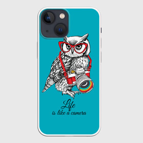 Чехол для iPhone 13 mini с принтом Life is like a camera в Белгороде,  |  | bird | camera | life | night | owl | predator | взгляд | графика | жёлтый | жизнь | искусство | камера | картинка | красный | крутой | лучший | мода | модный | молодёжная | ночной | очки | птица | радуга | рисунок | сова