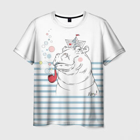 Мужская футболка 3D с принтом Бегемот моряк в Белгороде, 100% полиэфир | прямой крой, круглый вырез горловины, длина до линии бедер | a | blush | bubbles | cap | deck | hippo | pipe | sailor | sea | ship | smokes | stripes | бегемот | графика | детский | искусство | картинка | корабль | крутой | лучший | мода | модный | молодёжная | море | моряк | палуба | пилотка | полосы