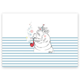 Поздравительная открытка с принтом Бегемот моряк в Белгороде, 100% бумага | плотность бумаги 280 г/м2, матовая, на обратной стороне линовка и место для марки
 | Тематика изображения на принте: a | blush | bubbles | cap | deck | hippo | pipe | sailor | sea | ship | smokes | stripes | бегемот | графика | детский | искусство | картинка | корабль | крутой | лучший | мода | модный | молодёжная | море | моряк | палуба | пилотка | полосы