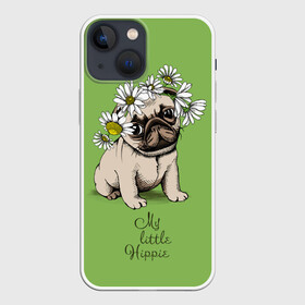 Чехол для iPhone 13 mini с принтом My little hippie в Белгороде,  |  | breed | dog | hippie | kid | little | my | pug | puppy | wreath | венок | графика | зелёный | картинка | красивый | крутой | лучший | маленький | малыш | мода | модный | мой | молодёжная | мопс | порода | рисунок | ромашки | собака