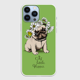 Чехол для iPhone 13 Pro Max с принтом My little hippie в Белгороде,  |  | breed | dog | hippie | kid | little | my | pug | puppy | wreath | венок | графика | зелёный | картинка | красивый | крутой | лучший | маленький | малыш | мода | модный | мой | молодёжная | мопс | порода | рисунок | ромашки | собака