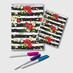 Блокнот с принтом Розы и орхидеи в Белгороде, 100% бумага | 48 листов, плотность листов — 60 г/м2, плотность картонной обложки — 250 г/м2. Листы скреплены удобной пружинной спиралью. Цвет линий — светло-серый
 | Тематика изображения на принте: flowers | orchi | roses | белый | букеты | графика | зелёный | искусство | картинка | красивый | красный | крутой | листья | мода | модный | молодёжная | орнамент | орхидеи | полосы | рисунок | розы | рукоделие