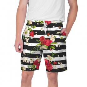 Мужские шорты 3D с принтом Розы и орхидеи в Белгороде,  полиэстер 100% | прямой крой, два кармана без застежек по бокам. Мягкая трикотажная резинка на поясе, внутри которой широкие завязки. Длина чуть выше колен | flowers | orchi | roses | белый | букеты | графика | зелёный | искусство | картинка | красивый | красный | крутой | листья | мода | модный | молодёжная | орнамент | орхидеи | полосы | рисунок | розы | рукоделие