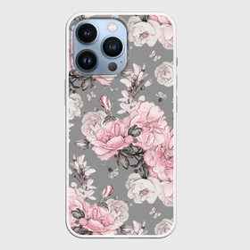 Чехол для iPhone 13 Pro с принтом Розовые розы в Белгороде,  |  | bouquets | color | gray | leave | lowers | ornament | patterns | pink | roses | букеты | графика | искусство | картинка | красивый | крутой | листья | мода | модный | молодёжная | орнамент | рисунок | розовые | розы | рукоделие | серый