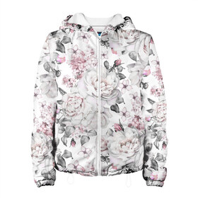 Женская куртка 3D с принтом Белые розы в Белгороде, ткань верха — 100% полиэстер, подклад — флис | прямой крой, подол и капюшон оформлены резинкой с фиксаторами, два кармана без застежек по бокам, один большой потайной карман на груди. Карман на груди застегивается на липучку | bouquets | color | gray | leave | lowers | ornament | patterns | pink | roses | букеты | графика | искусство | картинка | красивый | крутой | листья | мода | модный | молодёжная | орнамент | рисунок | розовые | розы | рукоделие | серый