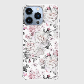 Чехол для iPhone 13 Pro с принтом Белые розы в Белгороде,  |  | bouquets | color | gray | leave | lowers | ornament | patterns | pink | roses | букеты | графика | искусство | картинка | красивый | крутой | листья | мода | модный | молодёжная | орнамент | рисунок | розовые | розы | рукоделие | серый