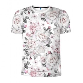 Мужская футболка 3D спортивная с принтом Белые розы в Белгороде, 100% полиэстер с улучшенными характеристиками | приталенный силуэт, круглая горловина, широкие плечи, сужается к линии бедра | bouquets | color | gray | leave | lowers | ornament | patterns | pink | roses | букеты | графика | искусство | картинка | красивый | крутой | листья | мода | модный | молодёжная | орнамент | рисунок | розовые | розы | рукоделие | серый