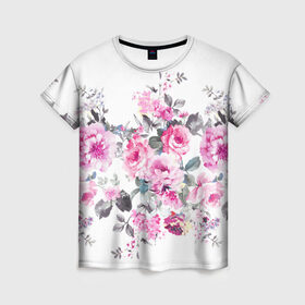Женская футболка 3D с принтом Розовые розы в Белгороде, 100% полиэфир ( синтетическое хлопкоподобное полотно) | прямой крой, круглый вырез горловины, длина до линии бедер | bouquets | color | gray | leave | lowers | ornament | patterns | pink | roses | букеты | графика | искусство | картинка | красивый | крутой | листья | мода | модный | молодёжная | орнамент | рисунок | розовые | розы | рукоделие | серый