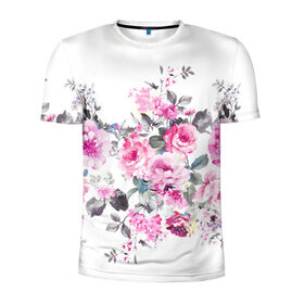 Мужская футболка 3D спортивная с принтом Розовые розы в Белгороде, 100% полиэстер с улучшенными характеристиками | приталенный силуэт, круглая горловина, широкие плечи, сужается к линии бедра | bouquets | color | gray | leave | lowers | ornament | patterns | pink | roses | букеты | графика | искусство | картинка | красивый | крутой | листья | мода | модный | молодёжная | орнамент | рисунок | розовые | розы | рукоделие | серый