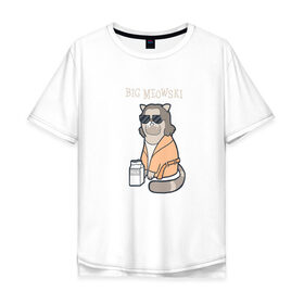 Мужская футболка хлопок Oversize с принтом Big Meowski в Белгороде, 100% хлопок | свободный крой, круглый ворот, “спинка” длиннее передней части | большой лебовски | боулинг | дюдя | кино | комедия | кот | котейка | котенок | котэ | кошка | молоко | хиппи | чувак | юмор