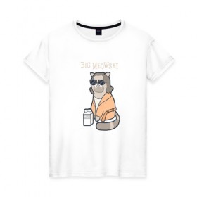 Женская футболка хлопок с принтом Big Meowski в Белгороде, 100% хлопок | прямой крой, круглый вырез горловины, длина до линии бедер, слегка спущенное плечо | большой лебовски | боулинг | дюдя | кино | комедия | кот | котейка | котенок | котэ | кошка | молоко | хиппи | чувак | юмор