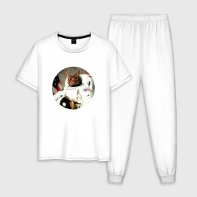 Мужская пижама хлопок с принтом Cat Astronaut в Белгороде, 100% хлопок | брюки и футболка прямого кроя, без карманов, на брюках мягкая резинка на поясе и по низу штанин
 | 