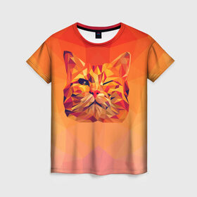 Женская футболка 3D с принтом Подмигивающий кот (Low Poly) в Белгороде, 100% полиэфир ( синтетическое хлопкоподобное полотно) | прямой крой, круглый вырез горловины, длина до линии бедер | Тематика изображения на принте: cat | fox | kitty | low | lowpoly | poly | веселая | геометрия | грозовой кошак | желтая | кот | котейка | котофей | кошак | лиса | любителям кошек | низкополигональный | позитив | прикольная | рисунок | рыжая | узор
