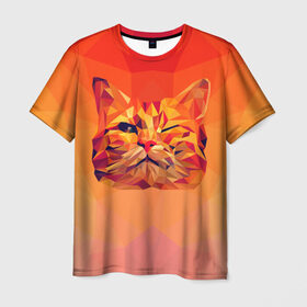 Мужская футболка 3D с принтом Подмигивающий кот (Low Poly) в Белгороде, 100% полиэфир | прямой крой, круглый вырез горловины, длина до линии бедер | cat | fox | kitty | low | lowpoly | poly | веселая | геометрия | грозовой кошак | желтая | кот | котейка | котофей | кошак | лиса | любителям кошек | низкополигональный | позитив | прикольная | рисунок | рыжая | узор