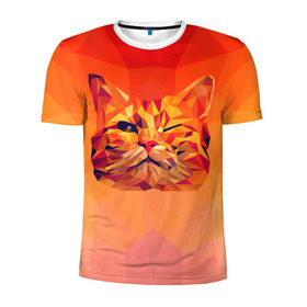 Мужская футболка 3D спортивная с принтом Подмигивающий кот (Low Poly) в Белгороде, 100% полиэстер с улучшенными характеристиками | приталенный силуэт, круглая горловина, широкие плечи, сужается к линии бедра | cat | fox | kitty | low | lowpoly | poly | веселая | геометрия | грозовой кошак | желтая | кот | котейка | котофей | кошак | лиса | любителям кошек | низкополигональный | позитив | прикольная | рисунок | рыжая | узор