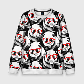 Детский свитшот 3D с принтом Панды в красных очках в Белгороде, 100% полиэстер | свободная посадка, прямой крой, мягкая тканевая резинка на рукавах и понизу свитшота | Тематика изображения на принте: animals | bears | funny | head | muzzl | pandas | red | весёлые | взгляд | голова | графика | животные | искусство | картинка | красивый | красные | крутой | медведи | мода | модный | молодёжная | очки | панды | рисунок