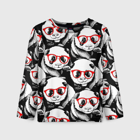 Детский лонгслив 3D с принтом Панды в красных очках в Белгороде, 100% полиэстер | длинные рукава, круглый вырез горловины, полуприлегающий силуэт
 | animals | bears | funny | head | muzzl | pandas | red | весёлые | взгляд | голова | графика | животные | искусство | картинка | красивый | красные | крутой | медведи | мода | модный | молодёжная | очки | панды | рисунок