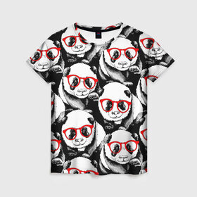 Женская футболка 3D с принтом Панды в красных очках в Белгороде, 100% полиэфир ( синтетическое хлопкоподобное полотно) | прямой крой, круглый вырез горловины, длина до линии бедер | animals | bears | funny | head | muzzl | pandas | red | весёлые | взгляд | голова | графика | животные | искусство | картинка | красивый | красные | крутой | медведи | мода | модный | молодёжная | очки | панды | рисунок