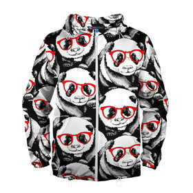 Мужская ветровка 3D с принтом Панды в красных очках в Белгороде, 100% полиэстер | подол и капюшон оформлены резинкой с фиксаторами, два кармана без застежек по бокам, один потайной карман на груди | animals | bears | funny | head | muzzl | pandas | red | весёлые | взгляд | голова | графика | животные | искусство | картинка | красивый | красные | крутой | медведи | мода | модный | молодёжная | очки | панды | рисунок