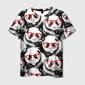 Мужская футболка 3D с принтом Панды в красных очках в Белгороде, 100% полиэфир | прямой крой, круглый вырез горловины, длина до линии бедер | Тематика изображения на принте: animals | bears | funny | head | muzzl | pandas | red | весёлые | взгляд | голова | графика | животные | искусство | картинка | красивый | красные | крутой | медведи | мода | модный | молодёжная | очки | панды | рисунок