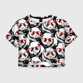 Женская футболка Cropp-top с принтом Панды в красных очках в Белгороде, 100% полиэстер | круглая горловина, длина футболки до линии талии, рукава с отворотами | animals | bears | funny | head | muzzl | pandas | red | весёлые | взгляд | голова | графика | животные | искусство | картинка | красивый | красные | крутой | медведи | мода | модный | молодёжная | очки | панды | рисунок