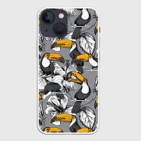 Чехол для iPhone 13 mini с принтом Туканы в Белгороде,  |  | background | birds | exotic | flowers | gray | jungle | toucans | woodpeckers | абстракция | графика | джунгли | дятловые | искусство | картинка | коллаж | красивый | крутой | мода | модный | молодёжная | птицы | рисунок | серый | стиль