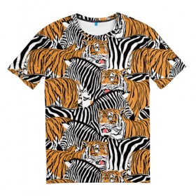Мужская футболка 3D с принтом Тигры и зебры в Белгороде, 100% полиэфир | прямой крой, круглый вырез горловины, длина до линии бедер | black | orange | stri | white | абстракция | африка | белая | графика | животное | зебры | искусство | картинка | коллаж | красивый | крутой | лошадь | мода | модный | молодёжная | оранжевая | полосы | рисунок