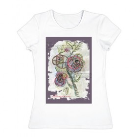 Женская футболка хлопок с принтом Механический цветок в Белгороде, 100% хлопок | прямой крой, круглый вырез горловины, длина до линии бедер, слегка спущенное плечо | steampunk | механика | ретро | рисунок | стимпанк | цветы