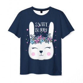 Мужская футболка 3D с принтом Sweet bunny в Белгороде, 100% полиэфир | прямой крой, круглый вырез горловины, длина до линии бедер | art | creat | drawing | graphics | picture | белый | влюбленный | графика | день святого валентина | заяц | зеленый | искусство | картинка | кролик | крутой | лучший | любовь | модный | подарок | праздник | пушистый