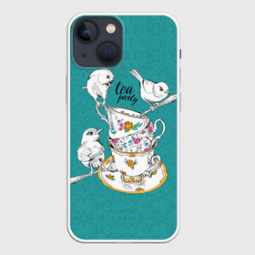 Чехол для iPhone 13 mini с принтом Tea party в Белгороде,  |  | art | best | c | creativity | drawing | graphics | phontase | picture | белый | блюдца | вечеринка | графика | зелёный | искусство | картинка | кружки | крутой | ложки | лучший | модный | птицы | расписные | рисунок | розы