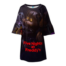 Детское платье 3D с принтом Five Nights at Freddy`s в Белгороде, 100% полиэстер | прямой силуэт, чуть расширенный к низу. Круглая горловина, на рукавах — воланы | five nights at freddy s | game | horror | игры | механические куклы | ночь | охранник | пять ночей у фредди | светящиеся глаза | ужас