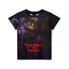 Детская футболка 3D с принтом Five Nights at Freddy`s в Белгороде, 100% гипоаллергенный полиэфир | прямой крой, круглый вырез горловины, длина до линии бедер, чуть спущенное плечо, ткань немного тянется | five nights at freddy s | game | horror | игры | механические куклы | ночь | охранник | пять ночей у фредди | светящиеся глаза | ужас
