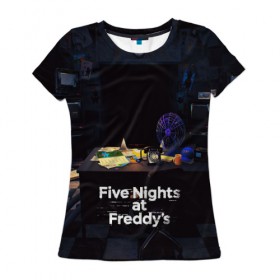 Женская футболка 3D с принтом Five Nights at Freddy`s в Белгороде, 100% полиэфир ( синтетическое хлопкоподобное полотно) | прямой крой, круглый вырез горловины, длина до линии бедер | five nights at freddy s | game | horror | игры | механические куклы | ночь | охранник | пять ночей у фредди | светящиеся глаза | ужас