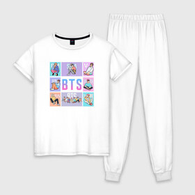 Женская пижама хлопок с принтом BTS в Белгороде, 100% хлопок | брюки и футболка прямого кроя, без карманов, на брюках мягкая резинка на поясе и по низу штанин | bangtan boys | bt21 | bts | bts army | bts stickers | j hope | jimin | jin | jungkook | k pop | rap monster | rapmon | suga | v | бтс | корея | стикеры bts