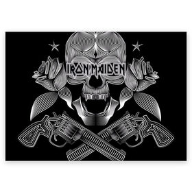 Поздравительная открытка с принтом Iron Maiden в Белгороде, 100% бумага | плотность бумаги 280 г/м2, матовая, на обратной стороне линовка и место для марки
 | бас | британия | брюс дикинсон | гитара | группа | дева | железная | метал | нико макбрэйн | рок | стив харрис | хеви | яник герс
