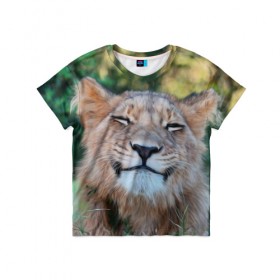 Детская футболка 3D с принтом Улыбка львицы в Белгороде, 100% гипоаллергенный полиэфир | прямой крой, круглый вырез горловины, длина до линии бедер, чуть спущенное плечо, ткань немного тянется | голова | животные | кот | кошка | лев | лицо | львица | прикол | прикольные | природа | смешные | тигр | тигрица | улыбается | улыбка | юмор