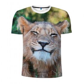 Мужская футболка 3D спортивная с принтом Улыбка львицы в Белгороде, 100% полиэстер с улучшенными характеристиками | приталенный силуэт, круглая горловина, широкие плечи, сужается к линии бедра | голова | животные | кот | кошка | лев | лицо | львица | прикол | прикольные | природа | смешные | тигр | тигрица | улыбается | улыбка | юмор