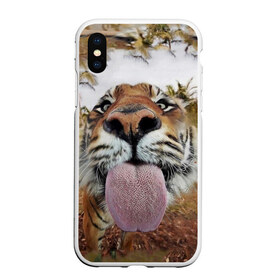 Чехол для iPhone XS Max матовый с принтом Тигр показывает язык в Белгороде, Силикон | Область печати: задняя сторона чехла, без боковых панелей | голова | животные | кот | кошка | лев | лицо | прикол | прикольные | природа | смешные 
 животные | тигр | тигрица | юмор | язык