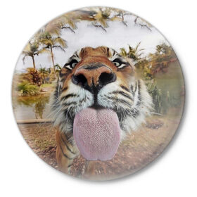 Значок с принтом Тигр показывает язык в Белгороде,  металл | круглая форма, металлическая застежка в виде булавки | Тематика изображения на принте: голова | животные | кот | кошка | лев | лицо | прикол | прикольные | природа | смешные 
 животные | тигр | тигрица | юмор | язык
