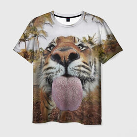 Мужская футболка 3D с принтом Тигр показывает язык в Белгороде, 100% полиэфир | прямой крой, круглый вырез горловины, длина до линии бедер | голова | животные | кот | кошка | лев | лицо | прикол | прикольные | природа | смешные 
 животные | тигр | тигрица | юмор | язык