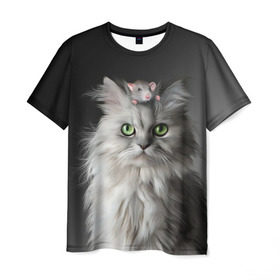 Мужская футболка 3D с принтом Кот и мышка в Белгороде, 100% полиэфир | прямой крой, круглый вырез горловины, длина до линии бедер | животные | кот | котенок | кошка | крыса | мышка | мышь | перс | персидский кот | серый
