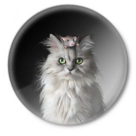 Значок с принтом Кот и мышка в Белгороде,  металл | круглая форма, металлическая застежка в виде булавки | Тематика изображения на принте: животные | кот | котенок | кошка | крыса | мышка | мышь | перс | персидский кот | серый
