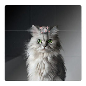 Магнитный плакат 3Х3 с принтом Кот и мышка в Белгороде, Полимерный материал с магнитным слоем | 9 деталей размером 9*9 см | животные | кот | котенок | кошка | крыса | мышка | мышь | перс | персидский кот | серый