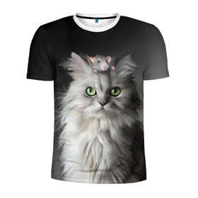 Мужская футболка 3D спортивная с принтом Кот и мышка в Белгороде, 100% полиэстер с улучшенными характеристиками | приталенный силуэт, круглая горловина, широкие плечи, сужается к линии бедра | животные | кот | котенок | кошка | крыса | мышка | мышь | перс | персидский кот | серый