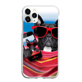 Чехол для iPhone 11 Pro Max матовый с принтом бульдог в Белгороде, Силикон |  | Тематика изображения на принте: бульдог | отдых | очки | собака | телефон | черная собака