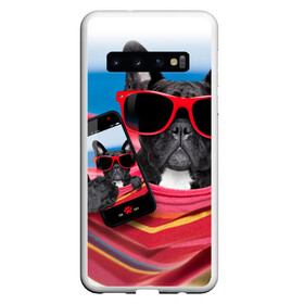Чехол для Samsung Galaxy S10 с принтом бульдог в Белгороде, Силикон | Область печати: задняя сторона чехла, без боковых панелей | Тематика изображения на принте: бульдог | отдых | очки | собака | телефон | черная собака