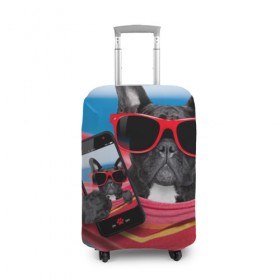 Чехол для чемодана 3D с принтом бульдог в Белгороде, 86% полиэфир, 14% спандекс | двустороннее нанесение принта, прорези для ручек и колес | бульдог | отдых | очки | собака | телефон | черная собака