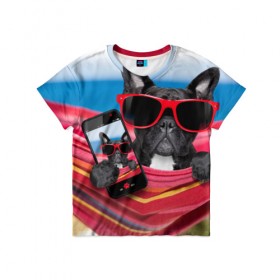 Детская футболка 3D с принтом бульдог в Белгороде, 100% гипоаллергенный полиэфир | прямой крой, круглый вырез горловины, длина до линии бедер, чуть спущенное плечо, ткань немного тянется | бульдог | отдых | очки | собака | телефон | черная собака