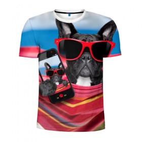 Мужская футболка 3D спортивная с принтом бульдог в Белгороде, 100% полиэстер с улучшенными характеристиками | приталенный силуэт, круглая горловина, широкие плечи, сужается к линии бедра | бульдог | отдых | очки | собака | телефон | черная собака